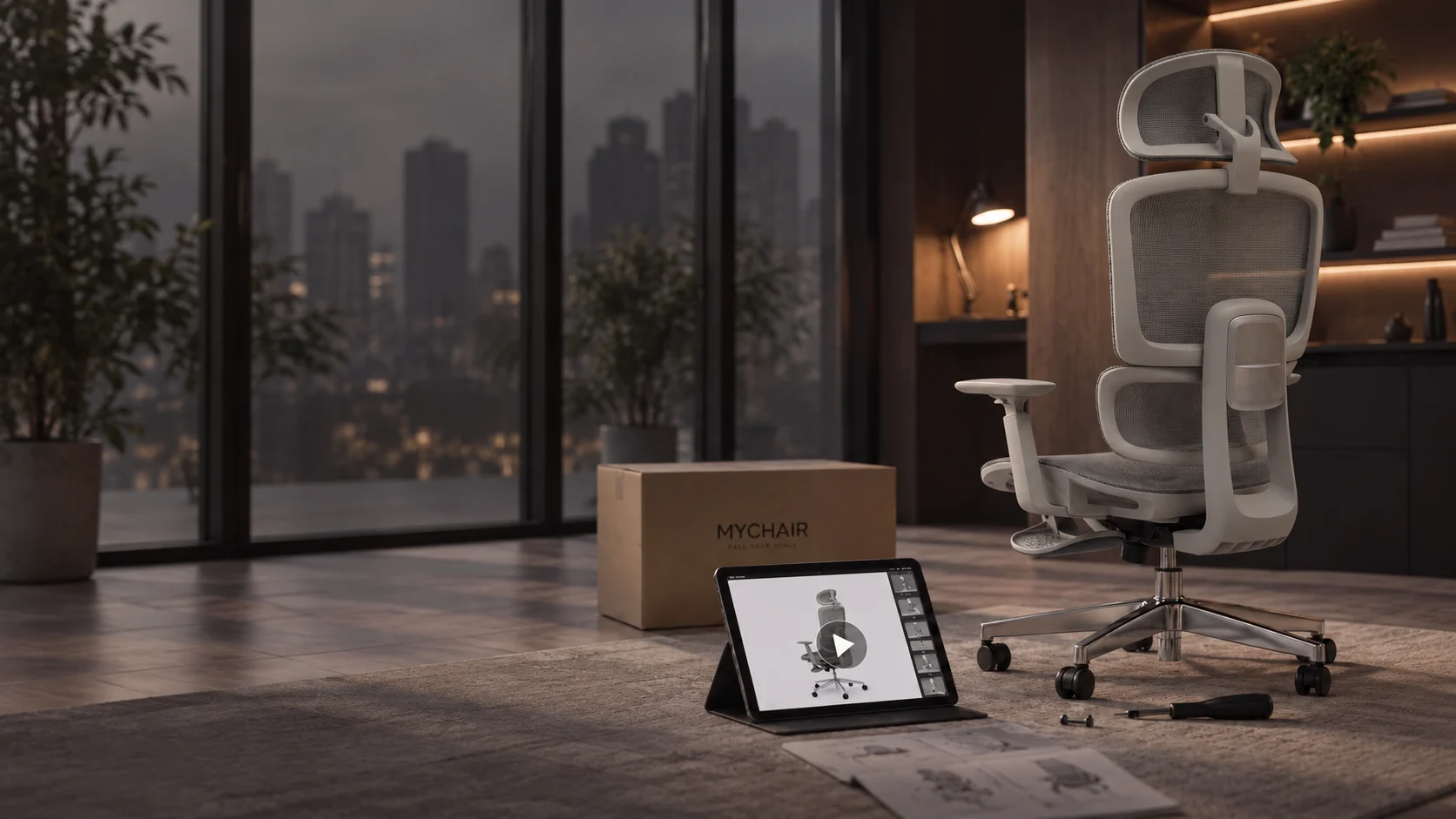 Сборка кресла MYCHAIR: кресло, коробка, инструменты и планшет с видеоинструкцией