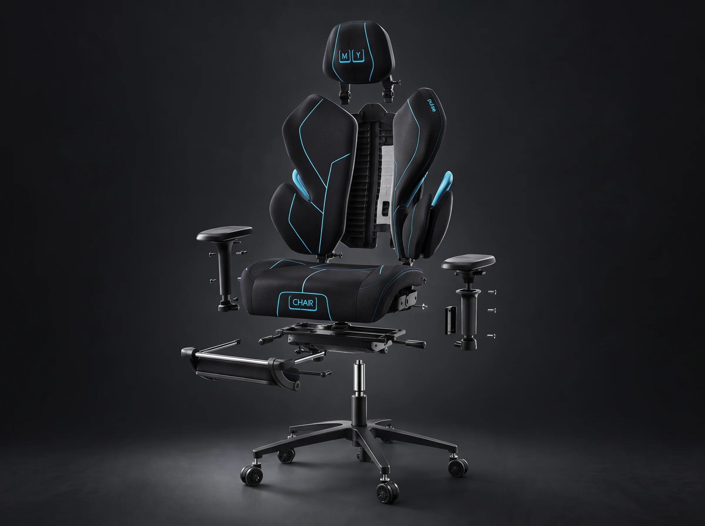 Конструкция кресла MYCHAIR: 01 — эргономичная спинка, 02 — регулируемые подлокотники, 03 — механизм Multiblock, 04 — газлифт, крестовина и колёса
